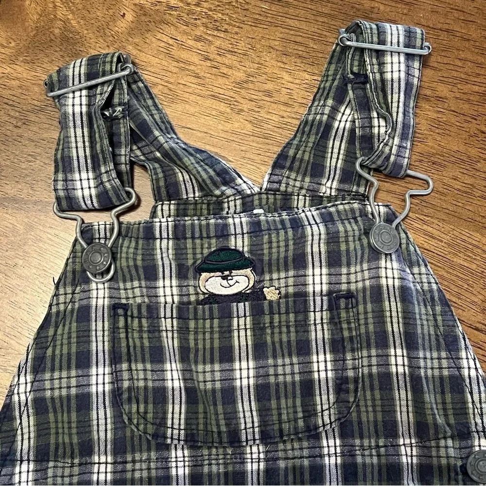 Vintage KHQ Sportswear Baby Overalls 9-12 Months Plaid Monkey Bear 90s Y2K
